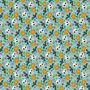 Skulls,Flowers,Pumpkins and Bats Halloween Fall Doodle on Mint Green Tiny Small Rotated