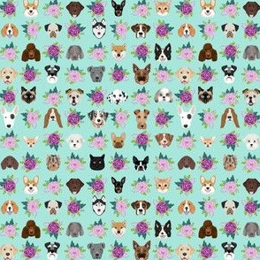 TINY - Dogs and Cats heads florals pet lover fabric pattern mint