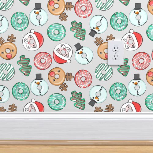 Wallpaper Christmas Donuts Santa Rudolph Snowman Holiday Donuts Grey Lad19