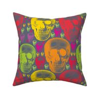 multicoloured skulls on dark grey background.