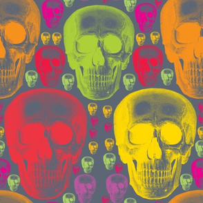 multicoloured skulls on dark grey background.