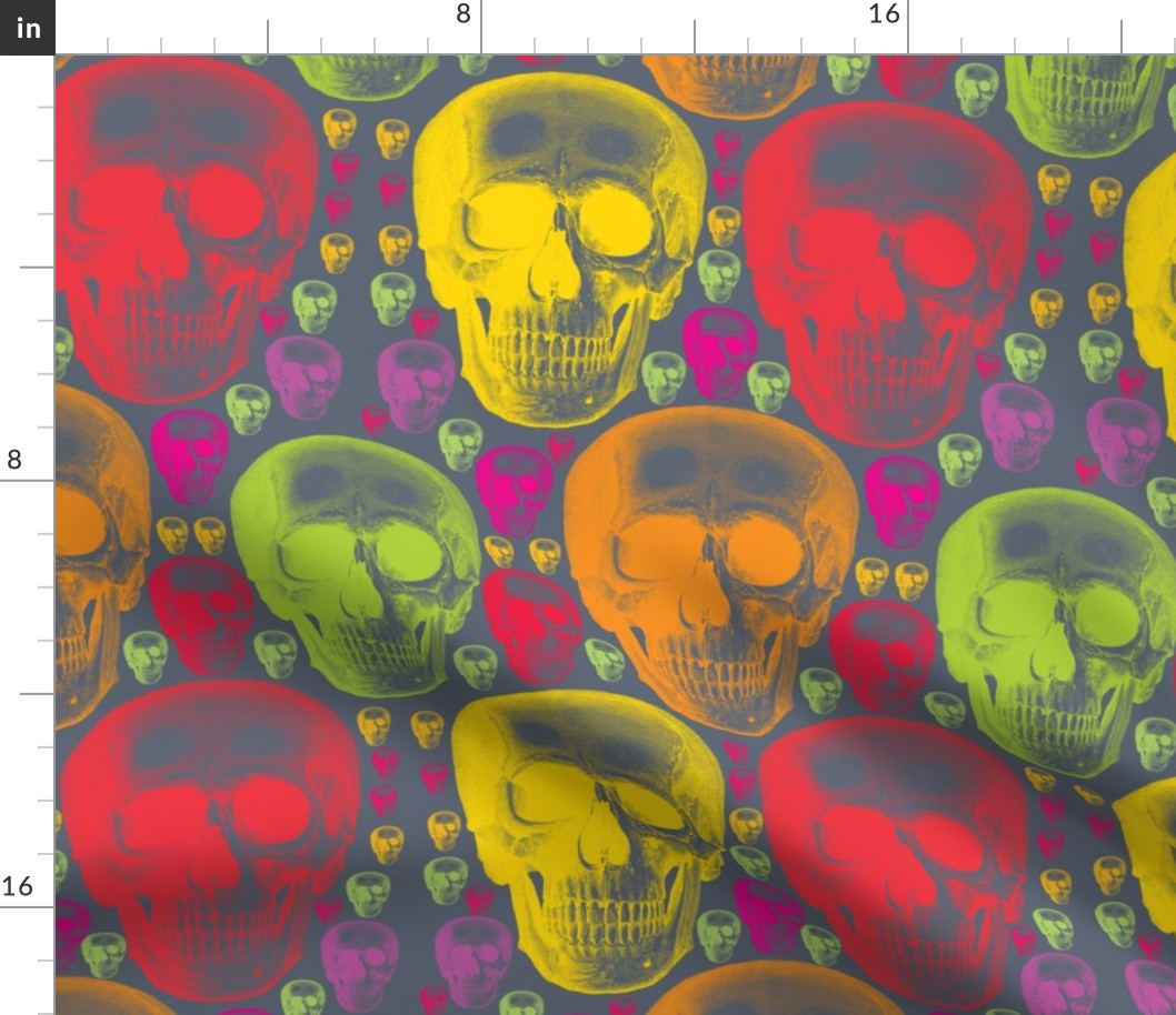 multicoloured skulls on dark grey background.