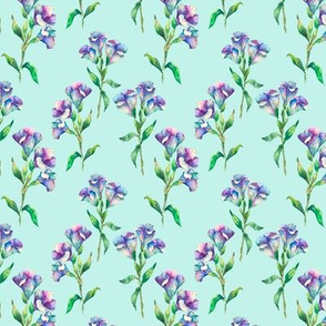 Delicate Colorful botanical seamless pattern with purple flowers on light blue background