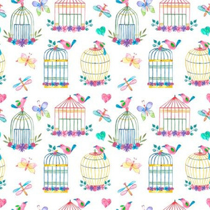 Seamless cute pattern with birdcage watercolor drawing on white