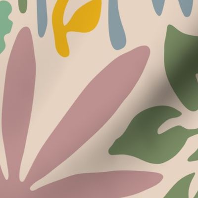 Eden Floral Botanical Tropical Abstract Garden with Retro Palm Trees Flowers Sun - LARGE Scale REPEAT Pink Orange Blue Green Gray - UnBlink Studio Jackie Tahara