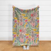 Eden Floral Botanical Tropical Abstract Garden with Retro Palm Trees Flowers Sun - LARGE Scale REPEAT Pink Orange Blue Green Gray - UnBlink Studio Jackie Tahara