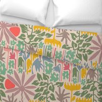 Eden Floral Botanical Tropical Abstract Garden with Retro Palm Trees Flowers Sun - LARGE Scale REPEAT Pink Orange Blue Green Gray - UnBlink Studio Jackie Tahara