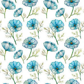 Botanical seamless background with blue delicate watercolor flowers on white