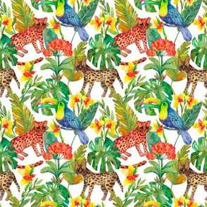 Wild feline_ toucan and flowers in the jungle watercolor seamless pattern on white