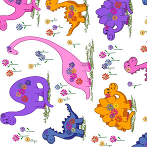 Dino with Flowers and Smiles on White - large scale - rotated