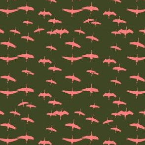 flamingos en route - pink over olive green