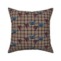 blue tartan birds, beige tartan fabric, pink tartan hearts quilt