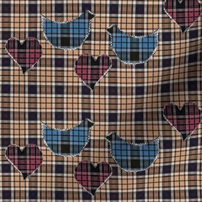 blue tartan birds, beige tartan fabric, pink tartan hearts quilt