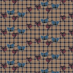 blue tartan birds, beige tartan fabric, pink tartan hearts quilt