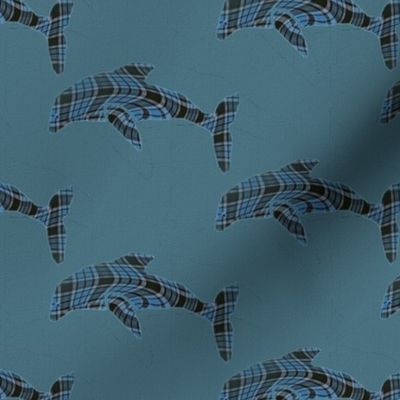 blue_tartan_dolphin_on_tel_turquoise_blue_green_background