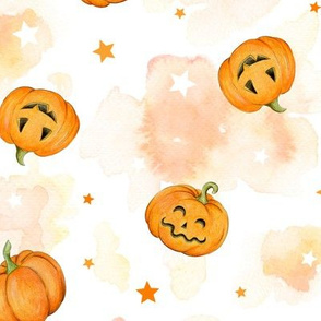 Halloween Pumpkins and Stars scattered on watercolour orange and white - medium scale
