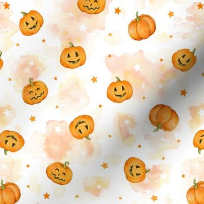 Halloween Pumpkins and Stars scattered on watercolour orange and white - small scale