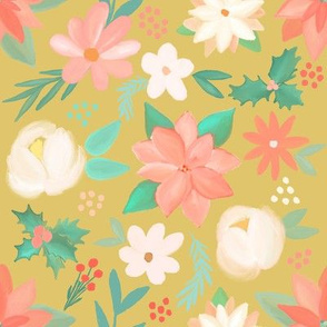 christmas floral pastel on  dull mustard 