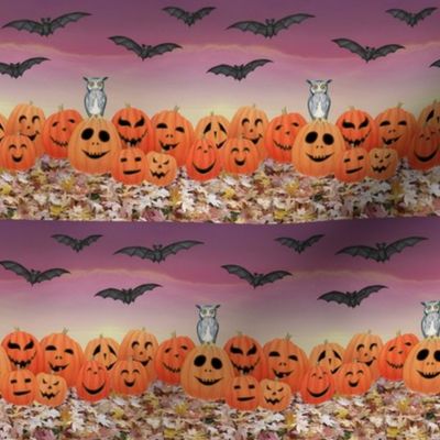 black bats, owl, orange pumpkins halloween scene