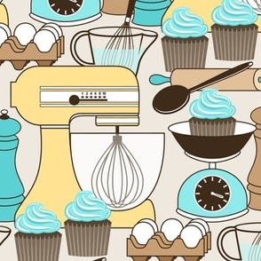 Baking Cupcakes - Turquoise Blue and Butter Yellow // Kitchen Decor // Medium Scale - 500 DPI