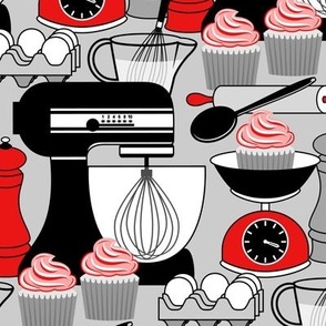 Baking Cupcakes - Red, Black, White and Gray // V2 // Kitchen Decor // Medium Scale - 500 DPI