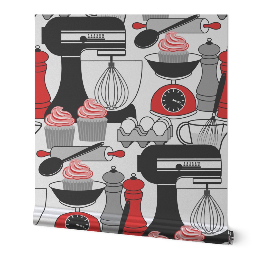 Baking Cupcakes - Red, Black, White and Gray // V1 // Kitchen Decor // Medium Scale - 500 DPI
