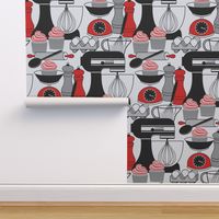 Baking Cupcakes - Red, Black, White and Gray // V1 // Kitchen Decor // Medium Scale - 500 DPI