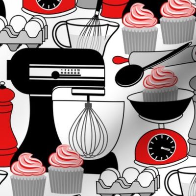 Baking Cupcakes - Red, Black, White and Gray // V1 // Kitchen Decor // Medium Scale - 500 DPI