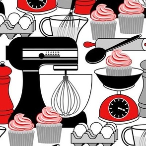Baking Cupcakes - Red, Black, White and Gray // V1 // Kitchen Decor // Medium Scale - 500 DPI