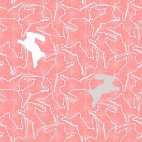 bunnies white on coral with grey