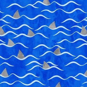 Sharks! - shark fin - dark blue waves - beach - LAD19