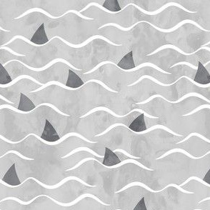 Sharks! - shark fin - grey waves - beach - LAD19