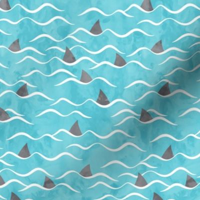 Sharks! - shark fin - blue waves - beach - LAD19