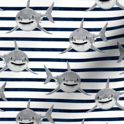 sharks - sharks on navy stripes - great white - LAD19