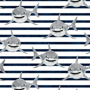 sharks - sharks on navy stripes - great white - LAD19