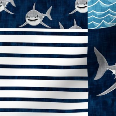 Shark Wholecloth - Navy - shark, fin, and life preserver - shark nursery - LAD197