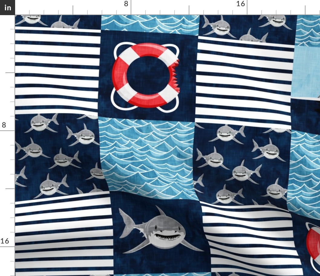 Shark Wholecloth - Navy - shark, fin, and life preserver - shark nursery - LAD197