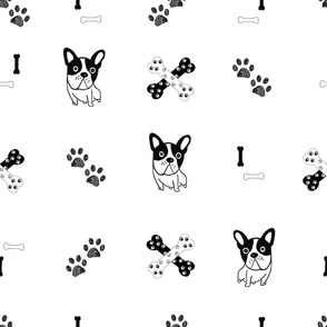 Hand drawn bulldog, paw print and bones hound design