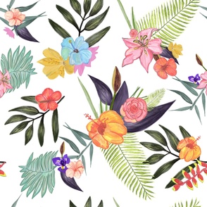 Tropical brush watercolor exotic flowers pattern white background 