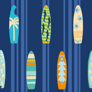 Let's go surf! Lines of colorful surfboards with a dark blue striped background