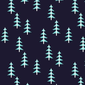 Blue Trees (midnight navy) Woodland Forest Fabric, white tree trunks