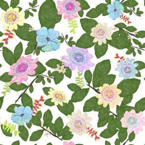 Passiflora and lily flowers happy pattern with white background pattern