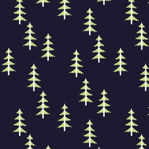 Green Trees (midnight navy) Woodland Forest Fabric, white tree trunks