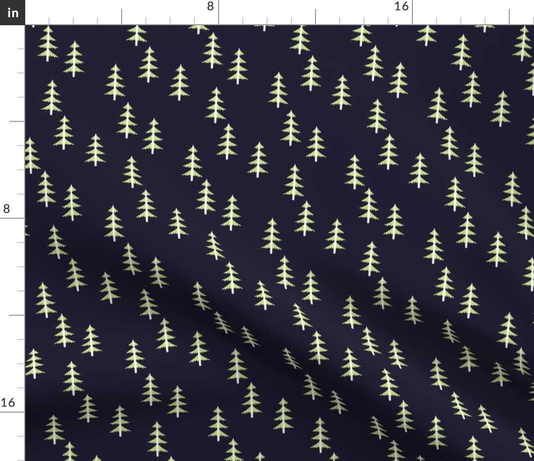 Green Trees (midnight navy) Woodland Forest Fabric, white tree trunks