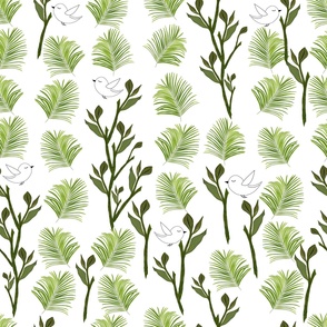 Tree, birds and palm leaves tropical minimal pattern