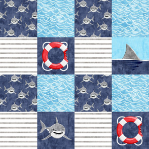 Shark Wholecloth - mid blue - shark, fin, and life preserver - shark nursery  - LAD19