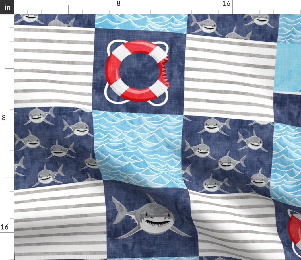 Shark Wholecloth - mid blue - shark, fin, and life preserver - shark nursery  - LAD19