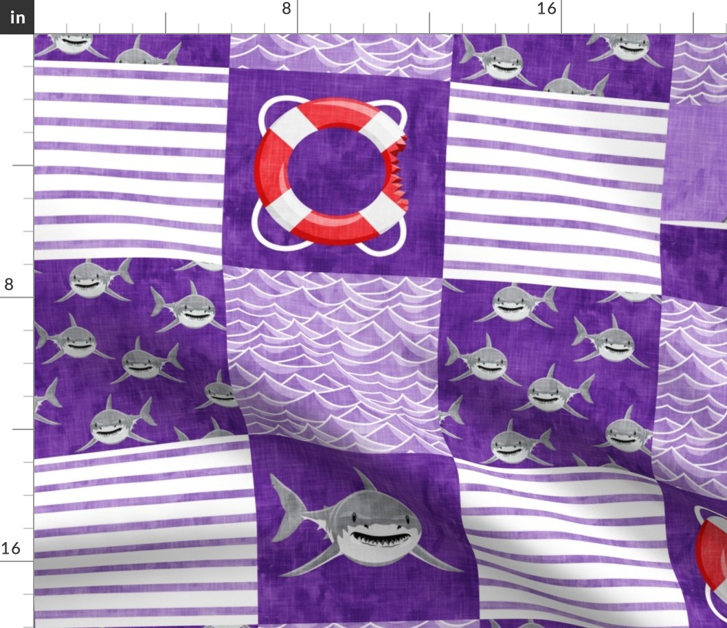 Shark Wholecloth - Purple - shark, fin, and life preserver - shark nursery - LAD19
