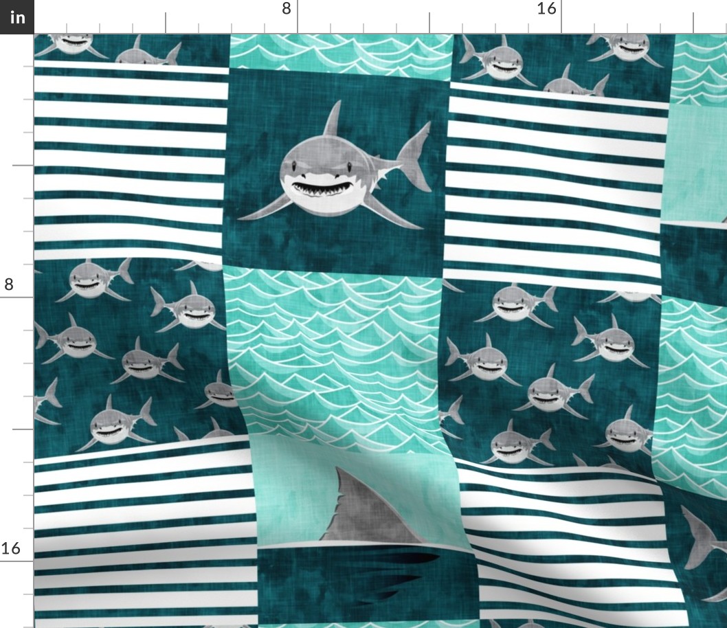 Shark Wholecloth - teal - shark and fin - shark nursery  - LAD19