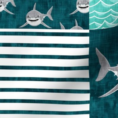 Shark Wholecloth - teal - shark, fin, and life preserver - shark nursery - LAD19